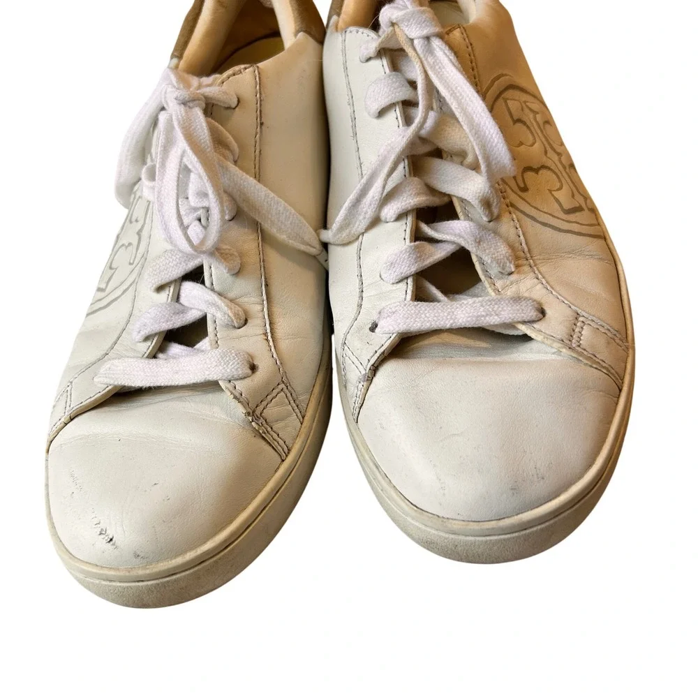 Tory Burch Howell Court Sneakers‎ Size 8 White Leather Double T Logo